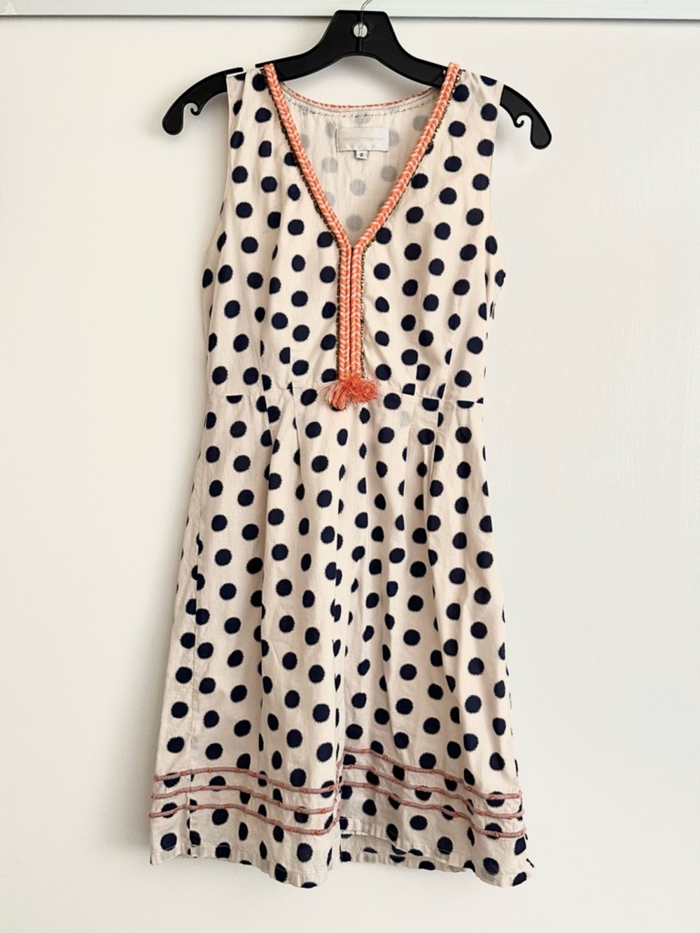 Corey Lynn Calter Sz 2 S/L Cream Dress with Navy Polka Dots and Orange Trim